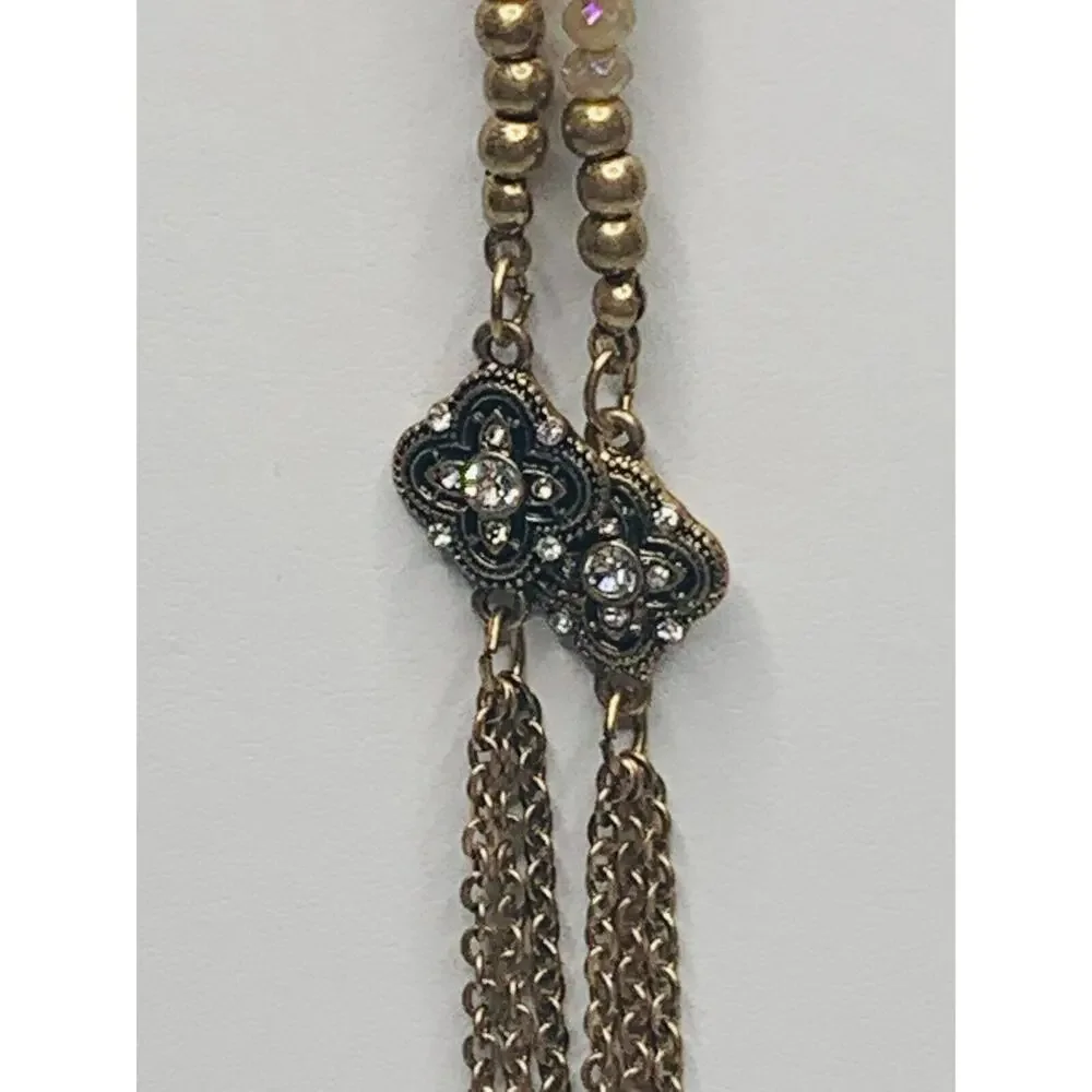 Long Gold Tone Beaded Tassel Necklace with Beaded Knot
